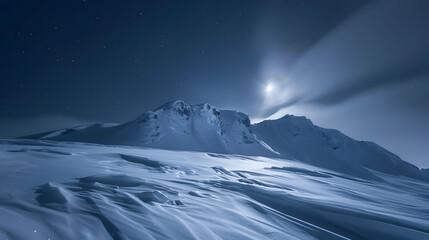 Moonlight casting a silver glow on a snowy background, creating a serene night scene