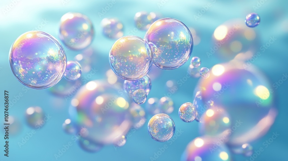 Poster colorful soap bubbles floating in a serene blue environment, creating a playful and whimsical atmosp