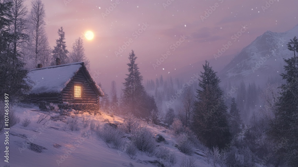 Poster a cabin in the woods with a window and a moon in the sky