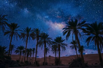 Night Stars milky way sky during off road camping in Oasis desert. Neural network ai generated art