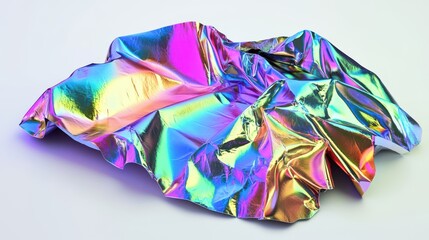 A vibrant, crumpled holographic sheet with mesmerizing reflections of light and color.