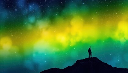 Fototapeta premium a person standing on a mountain looking at the aurora bore