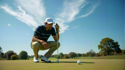 A focused golfer analyzing his putt while on the green, surrounded by a beautiful landscape. Ideal for sports marketing, golfing promotions, and outdoor lifestyle content, copy space