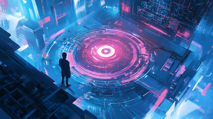 A person in a city made of neon lights stands looking down at a large, glowing circle