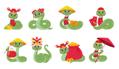Cute snakes. New year 2025 symbol, chinese zodiac animal, funny horoscope reptile mascot, cartoon character, luck and money traditional symbol, well being, vector isolated cartoon flat set