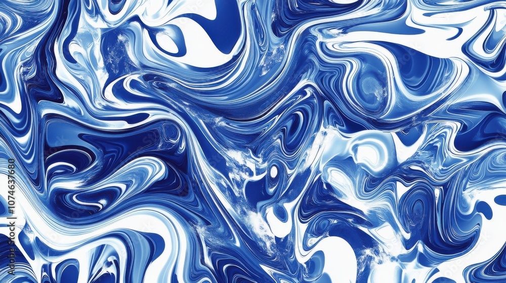 Poster Abstract blue and white marbled design with fluid shapes and swirling patterns, conveying a sense of movement and depth.