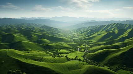 Green tea mountain at sunset, tea plantation natural background. Neural network ai generated art