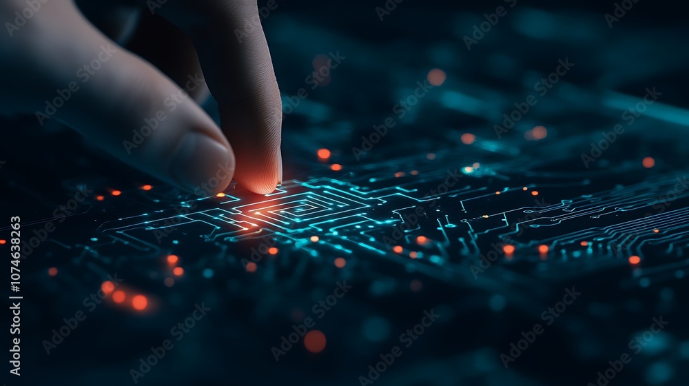 Aufkleber Close-up of a hand interacting with a glowing circuit board, showcasing technology and digital connectivity.