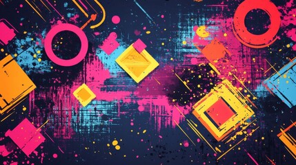 Vibrant abstract art with dynamic shapes and vivid colors including pink, orange, and blue on a dark background.