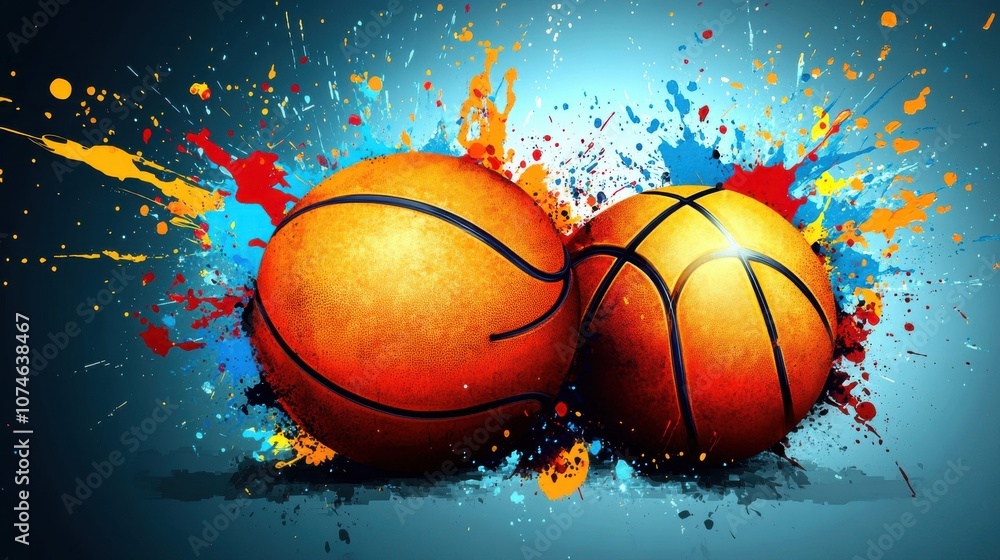 Poster two vibrant basketballs surrounded by a burst of colorful paint splashes, creating a dynamic and ene