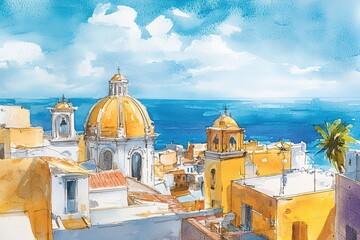 hand drawn pencil and watercolor painting of beautiful Cote d'Azur. Seascape painting with blue sea, beach, buildings, island, plants, resort, beautiful coastal view and bright blue sky