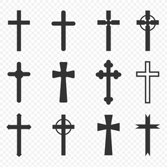 Fototapeta premium Cross set. Symbol of Christianity. Catholic, Orthodox, Protestant crosses. Vector on a transparent background