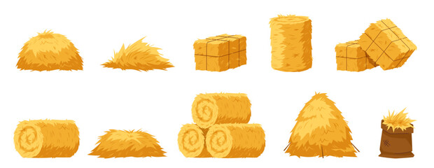 Cartoon hay bales. Agriculture haystacks, blocks, rolls and piles, yellow straw, farm haymow, livestock feed dry grass, wheat stalks, countryside natural landscape element, nowaday vector set