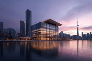 Fototapeta premium Futuristic Hydro Plant Seamlessly Integrated into a Decarbonized City Landscape