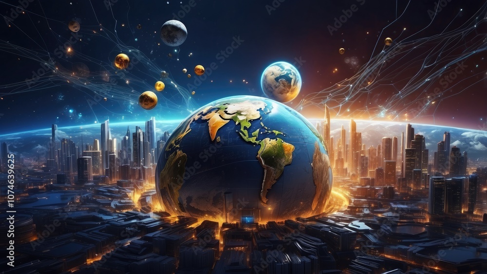 Poster cyber earth is a computerized world planet in the metaverse. general virtual currency and abstract b