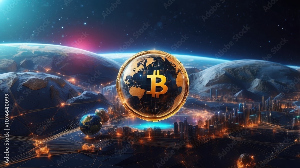 Poster cyber earth is a computerized world planet in the metaverse. general virtual currency and abstract b