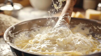 Fototapeta premium Alfredo Sauce: A velvety sauce made from butter, cream, and Parmesan, often used in fettuccine Alfredo, and an excellent pairing with vegetables and chicken. 