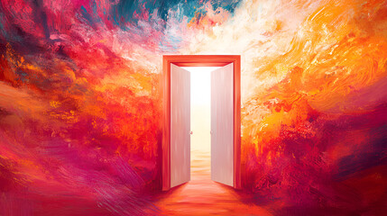 Door opening to the bright light. a door to another bright space for hope, freedom, future. Portal to Another Dimension. Illustration