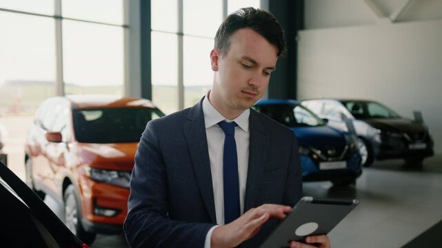 Portrait of a stylish manager in a suit who stands in a dealership and holds a tablet in which he makes a purchase request