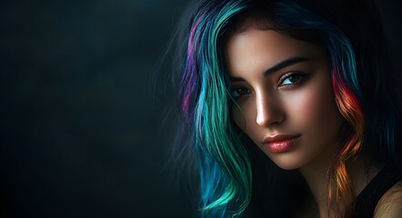 A close-up portrait of a young woman with vibrant, multi-colored hair that blends shades of teal, blue, pink, and orange.