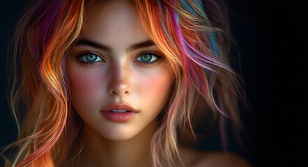 Fototapeta premium A vibrant portrait of a young woman with multi-colored hair styled in loose, flowing waves.