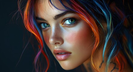Fototapeta premium A young woman with vibrant, multi-colored hair that transitions through shades of fiery orange, pink, and blue. Her hair is styled in soft waves that frame her face, adding movement and texture.