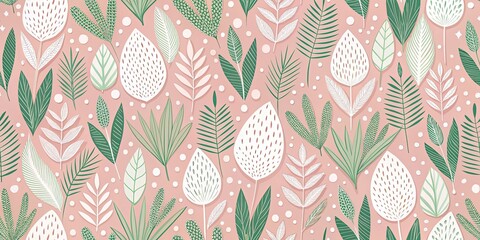 A delicate pattern of stylized foliage in shades of green and white against a pale pink background.