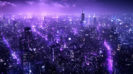 Vibrant purple cityscape at night showcasing a sprawling urban landscape and shimmering lights.