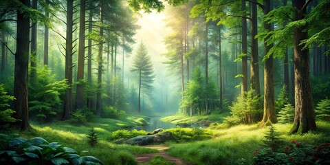 Obraz premium Sunlight filters through the dense canopy of a lush forest, illuminating a winding path leading to a tranquil stream, casting ethereal shadows on the mossy ground.