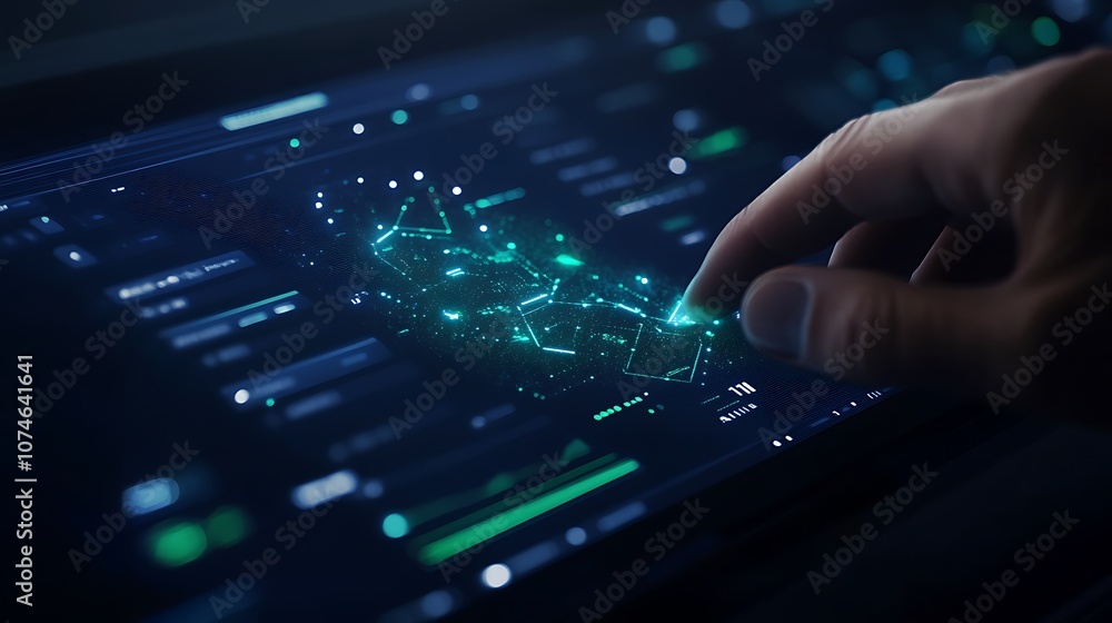 Poster A hand interacts with a digital interface displaying a network of glowing data points and analytics on a dark screen.