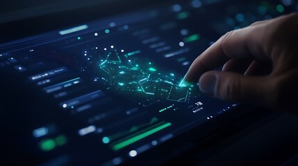 A hand interacts with a digital interface displaying a network of glowing data points and analytics on a dark screen.