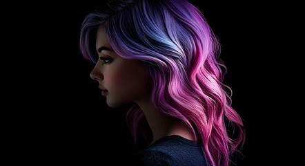 Fototapeta premium A side-profile of a young woman with stunning, multi-toned hair that transitions from soft purple to vibrant pink at the tips, creating a striking and artistic gradient.