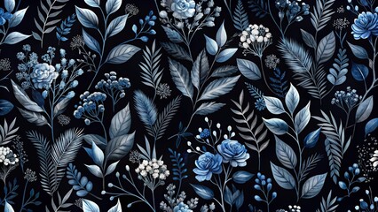 Watercolor Floral Pattern With Deep Blue Flowers and Lush Green Leaves on a Dark Background