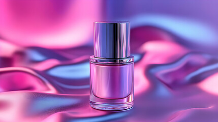 Glossy Glass Bottle with Silver Lid on Pink and Blue Abstract Background 3D Illustration