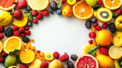 A vibrant assortment of fresh fruits, including oranges, berries, and kiwis, arranged in a colorful border.