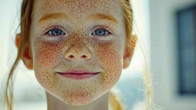 A young girl with freckles smiles into the camera on a sunny day