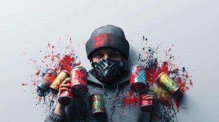 Obraz premium Young Hispanic male wearing a mask and beanie, surrounded by colorful spray paint cans against a vibrant backdrop.