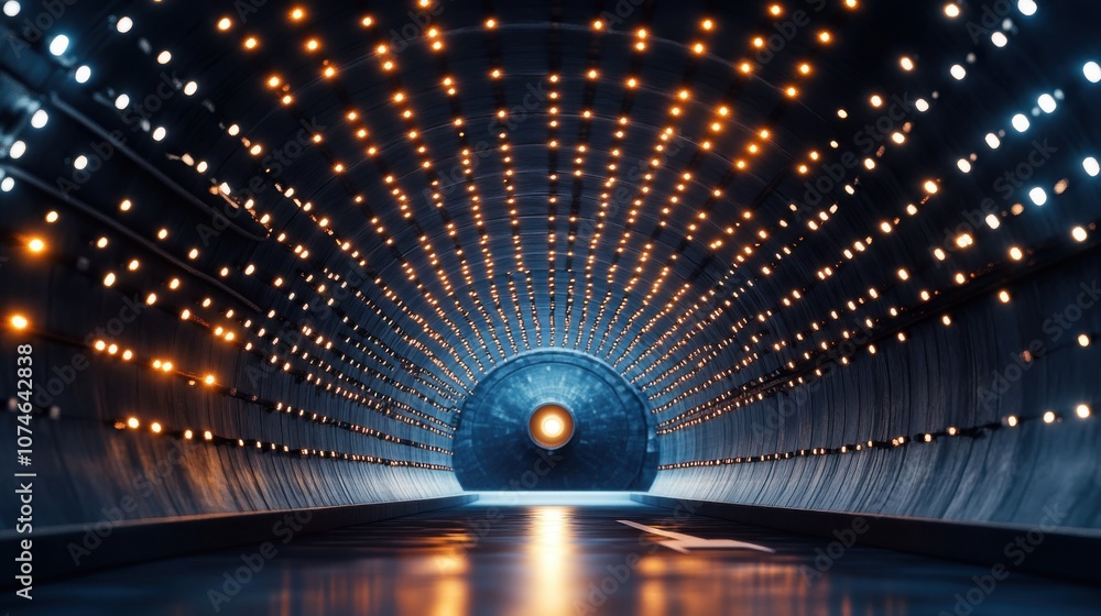 Poster an illuminated tunnel with glowing lights creating a captivating atmosphere, leading to a bright cen