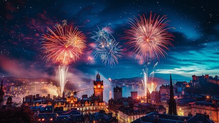 Fototapeta premium Scottish Hogmanay Festival. The night sky is illuminated by a dazzling display of fireworks, painting the cityscape with vibrant colors and creating a sense of awe and wonder.