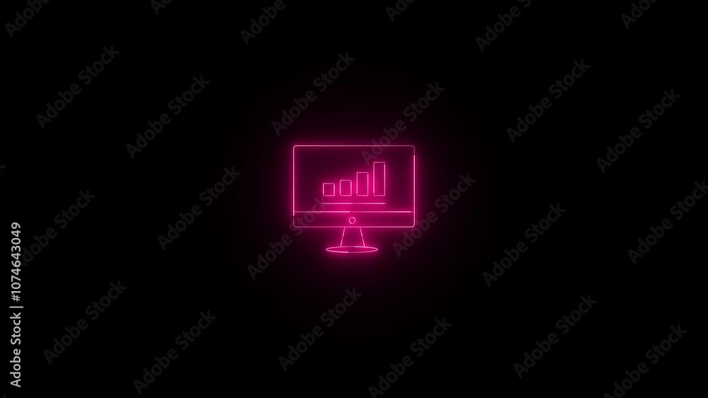 Poster glowing neon line business growth graph with monitor icon animation on the black background. data an