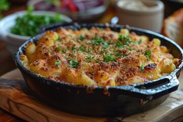 A Close-up of Creamy Baked Macaroni and Cheese with Parsley in a Cast Iron Skillet