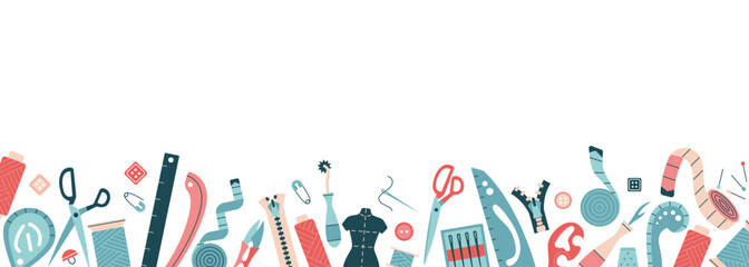 Bottom border frame with tools, elements and materials for atelier, dressmakers. Sewing, needlework banner template. Tailoring equipment and accessories. Isolated vector illustration.