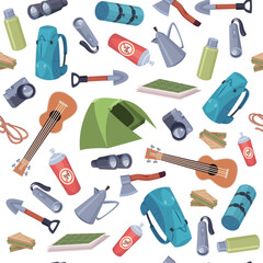 exploring pattern. tourism specific items tent guitar binoculars axes and shovels. vector seamless background