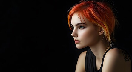 Fototapeta premium A young woman in a side profile view with a captivating hairstyle featuring fiery red and orange hues. Her hair falls in loose layers around her face, creating a dramatic yet natural look.