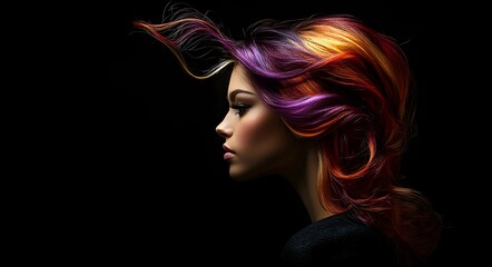 Fototapeta premium Aa dramatic side-profile portrait of a young woman with vibrant, multi-colored hair.