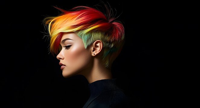 A profile portrait of a young woman with a multicolored pixie haircut. Her hair is styled with vibrant hues that transition from bright red and orange at the top to yellow and green near the nape.