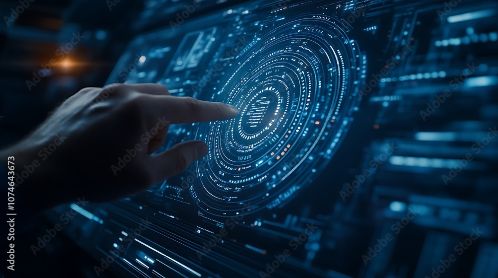 Poster A hand interacts with a high-tech digital interface displaying swirling data patterns and glowing elements, suggesting advanced technology and user engagement.