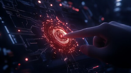 A futuristic hand touches a glowing fingerprint scan, surrounded by glowing circuits and digital elements, symbolizing advanced technology and security.