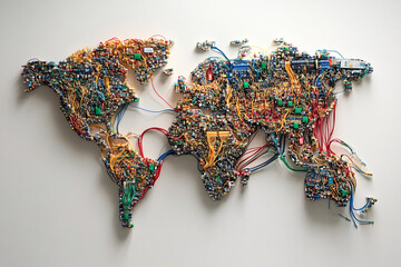 A creative world map assembled from electronic components like circuit boards wires and microchips resembling continents on a plain surface
