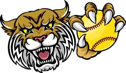 A wildcat or bobcat animal softball sports team cartoon mascot